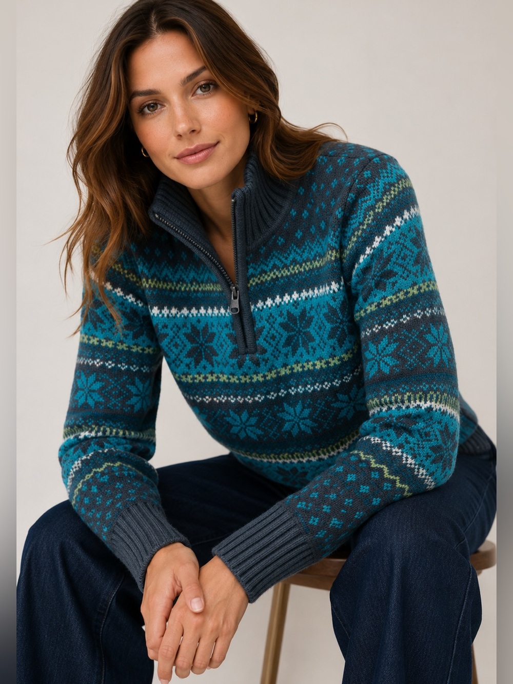 NEW! Nomadic Traders Fair Isle Sweater Womens Medium Zip Mock Neck Apres Ski